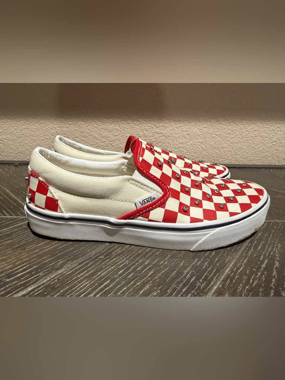 Vans Classic Slip-On Red Checkerboard Rhinestone Sneakers | Women’s 7.5